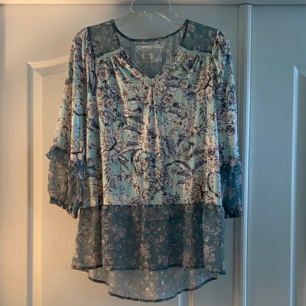 Cupio Teal and Cream Floral Blouse